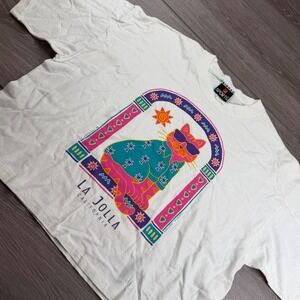 Signal Sports Womens T-Shirt Vintage 90s La Jolla Cat Graphic White OSFA